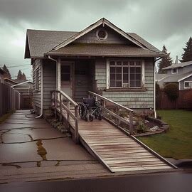 Tacoma WA home with medical equipment visible in the window and signs of aging structure