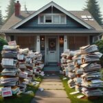 Everett home with overgrown lawn and multiple unopened past-due notices on the doorstep