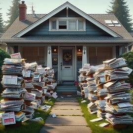 Everett home with overgrown lawn and multiple unopened past-due notices on the doorstep
