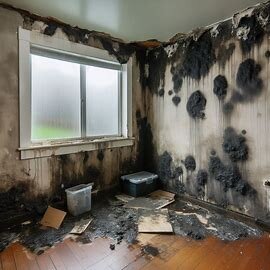 Interior wall in an Everett house with visible mold growth and water stains, showing signs of serious damage