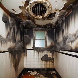 Everett bathroom with black mold on the ceiling and tiles around a leaky vent
