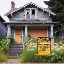 Tacoma WA home with tall weeds, cracked sidewalk, and a city warning notice on the door