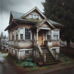 Outdated Tacoma rental house with peeling paint and empty driveway