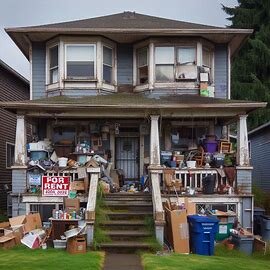 Rental property in Everett with a weathered exterior and a “For Rent” sign collecting dust