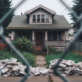 Empty Everett home with overgrown lawn, viewed through a fence — symbolizing distant ownership