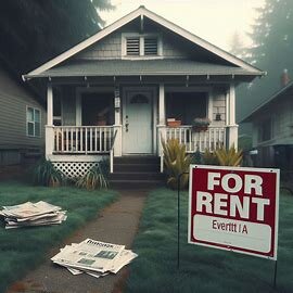 Everett rental home with a For Rent sign and overgrown yard, viewed from a distance