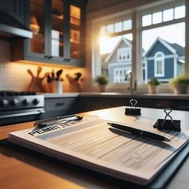 Permit application documents spread on a table with a Washington house in the background