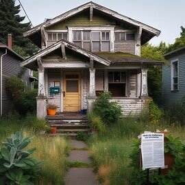 Everett home with overgrown lawn and a final notice taped to the door, indicating pre-foreclosure status
