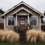 Wenatchee house with overgrown grass, a notice taped to the door, and a foreclosure warning