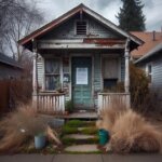 Wenatchee home with overgrown lawn and a final notice taped to the door, indicating pre-foreclosure status