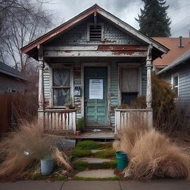 Wenatchee home with overgrown lawn and a final notice taped to the door, indicating pre-foreclosure status
