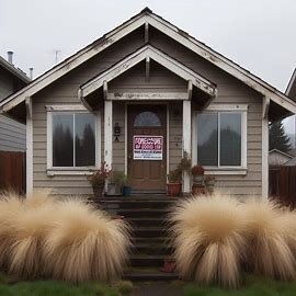 Wenatchee house with overgrown grass, a notice taped to the door, and a foreclosure warning