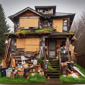Everett home with boarded windows, overgrown weeds, and trash scattered in the front yard