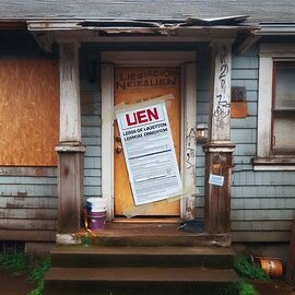 Everett home with overgrown lawn and a legal notice taped to the door, indicating lien status