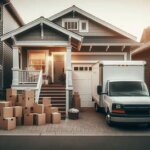 Everett WA home with a moving truck in the driveway, boxes stacked on the porch