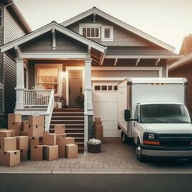 Everett WA home with a moving truck in the driveway, boxes stacked on the porch