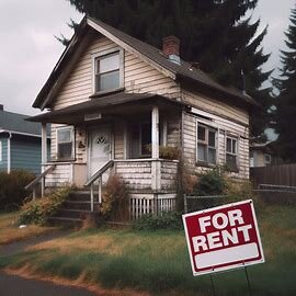 Rental home in Everett WA with a “For Rent” sign in front and peeling paint