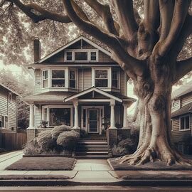 Everett WA home in Riverside neighborhood with cracked sidewalk and overgrown trees