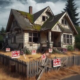 A weathered Washington home with peeling paint and debris in the front yard