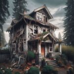 Damaged Spokane Valley home with boarded windows and overgrown grass