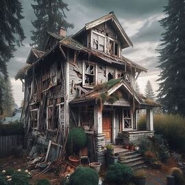 Damaged Spokane Valley home with boarded windows and overgrown grass