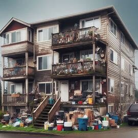 A small rental duplex in Everett WA with a "For Sale by Owner" sign in the yard