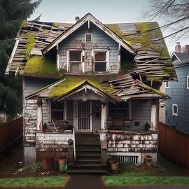A fixer-upper home in South Forest Park, Everett WA with a sagging roof and peeling paint