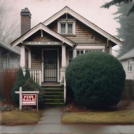 A South Forest Park home in Everett WA with overgrown bushes and a faded For Sale sign