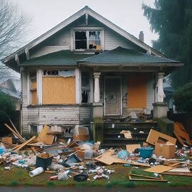 Abandoned Everett house with broken windows, trash in the yard, and signs of squatter occupation