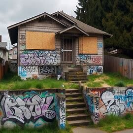 Abandoned Everett home with boarded windows and graffiti, indicating squatter presence