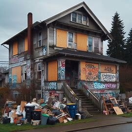 Abandoned Everett home with boarded windows and signs of squatter occupation