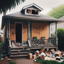 Vacant Everett house with boarded windows and evidence of trespassing