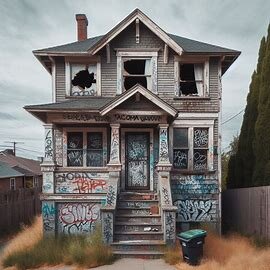 Vacant Tacoma WA home with broken windows and signs of squatter entry