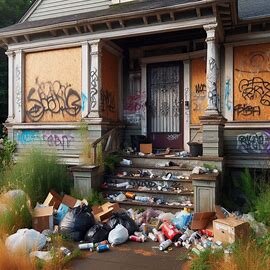 Abandoned Washington house with graffiti and boarded windows, surrounded by trash