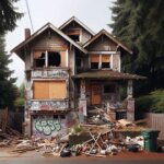 Vacant house in Tacoma WA with overgrown yard and boarded-up windows