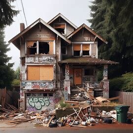 Vacant house in Tacoma WA with overgrown yard and boarded-up windows