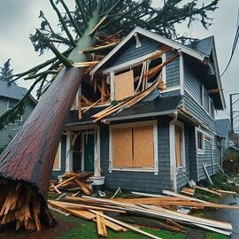 Everett house with a tree on the roof and siding ripped off from storm damage