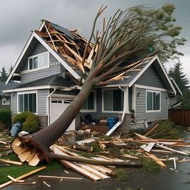Everett house with a tree branch on the roof and missing shingles after a severe storm
