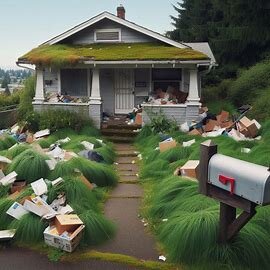 Vacant Tacoma house with overgrown yard and mail piled at the front door