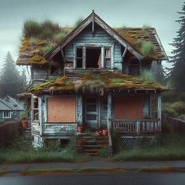 Tacoma WA home with boarded windows, roof damage, and peeling paint