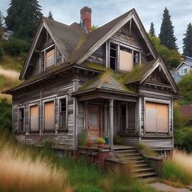 Tacoma house with visible code violations like boarded windows and damaged siding
