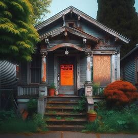 Tacoma WA house with boarded windows and city code violation notice posted
