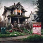 Condemned home in Tacoma with boarded windows and a red city notice posted