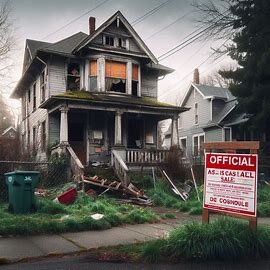 Condemned home in Tacoma with boarded windows and a red city notice posted