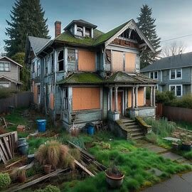 Front view of a damaged Tacoma home with boarded-up windows and peeling paint