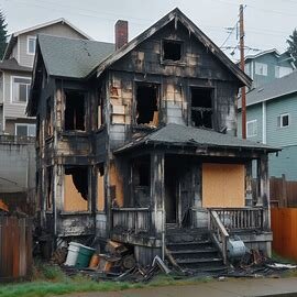 Tacoma house with fire damage showing blackened siding and broken windows