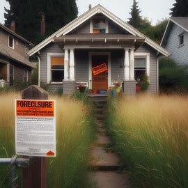 Tacoma home with past-due notice posted on the door and overgrown yard