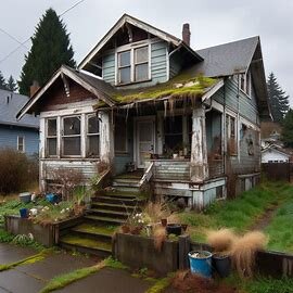 Tacoma home with tall grass, chipped paint, and visible exterior damage