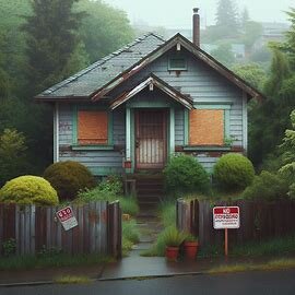 Tacoma home with overgrown yard and no trespassing sign, showing ownership uncertainty