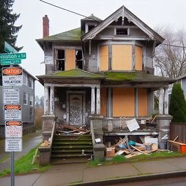 Distressed Tacoma home with boarded windows, trash on the lawn, and visible roof damage